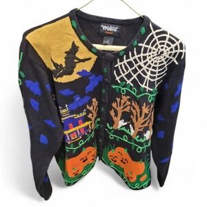 Vintage Halloween Designers Originals Studio BOO! M Cardigan Sweater Embroidered